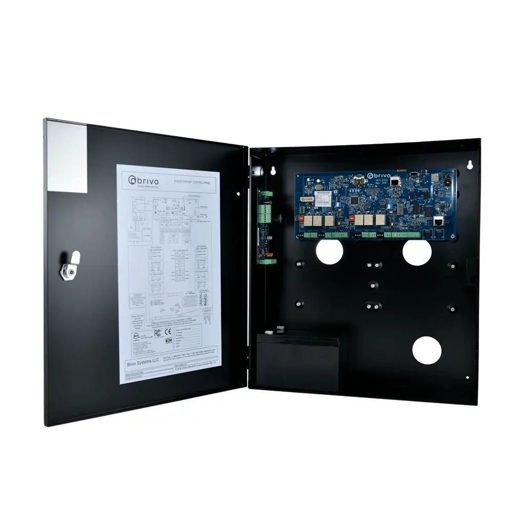 Brivo ACS6100 regular enclosure with ACS6000 main control board, integrated power supply, and backup battery for professional access control installations.